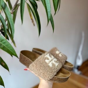 Women's Double T Shearling Flatform Slide Sandals